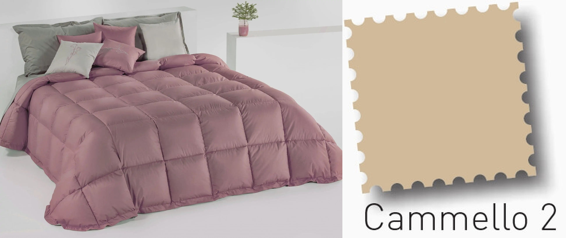 trapunta in piuma d'oca variante malva e cammello